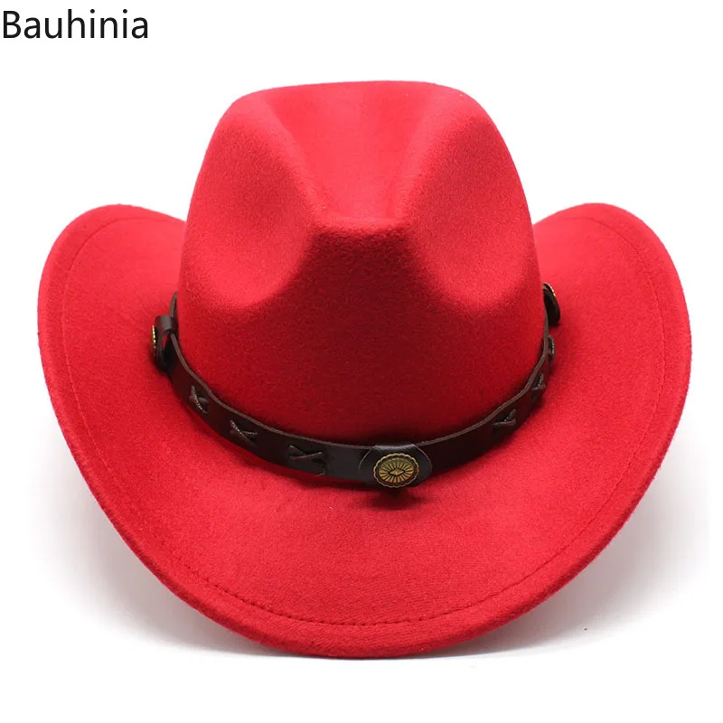 Bauhinia Classic Women Men Western Cowboy Hat Spring and Autumn Woolen Jazz Hat with Band Wide Brim Outdoor Vintage Top Hats