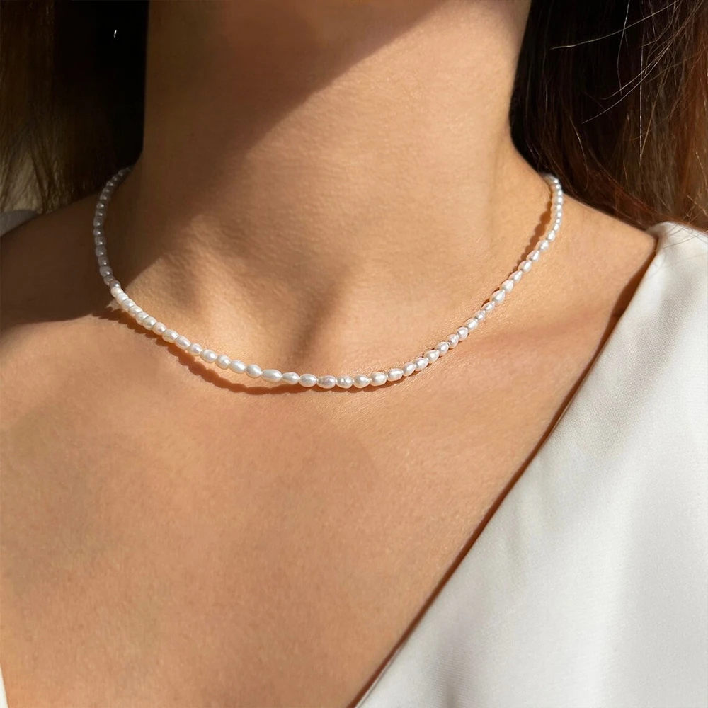 

3MM Imitation Pearl Necklace Oval White Stainless Steel Necklace Women's Collarbone Chain