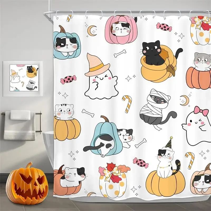 Funny Cartoon Halloween Shower Curtain Cute Cat White Spooky Ghost Pumpkin Bat Bath Curtain Cloth Home Bathroom Decor with Hooks