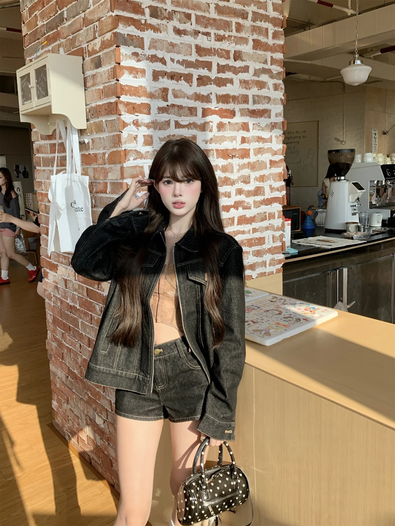 

Denim Coat Holes Womens Autumn Blended Bomber Collared Fleece Baggy Cycling Subcultural Hipster Flare British Style Jackets Ins