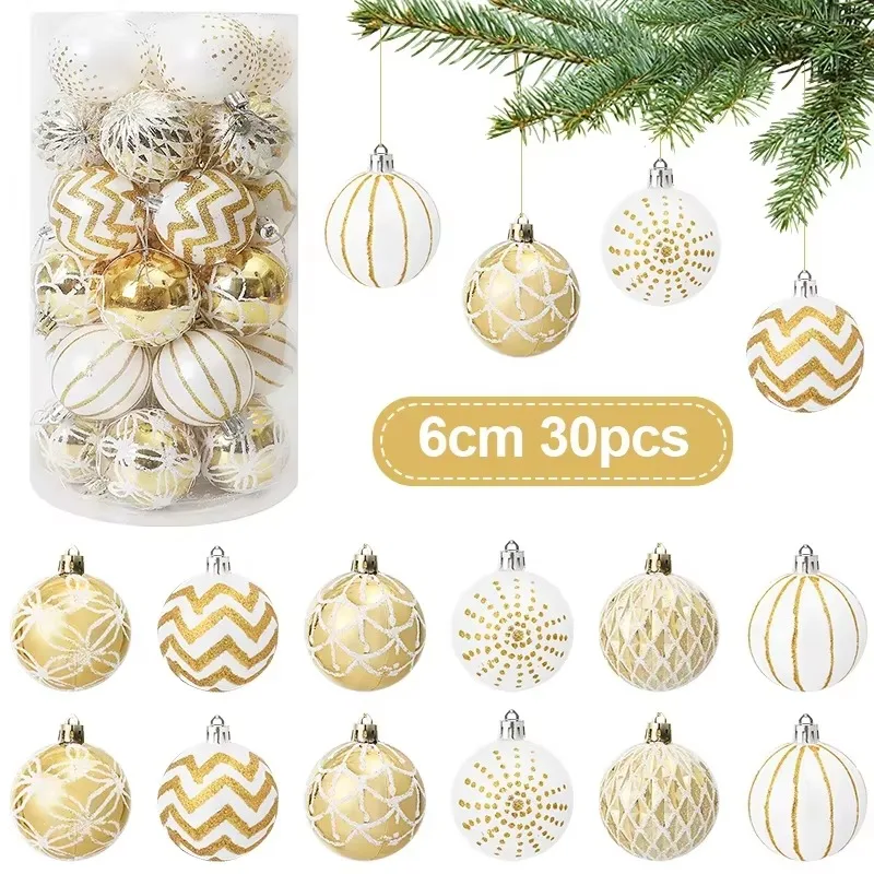 30pcs 6cm Gold White Christmas Balls Ornament Xmas Tree Hanging Pendant New Year Home Party Hanging Decoration