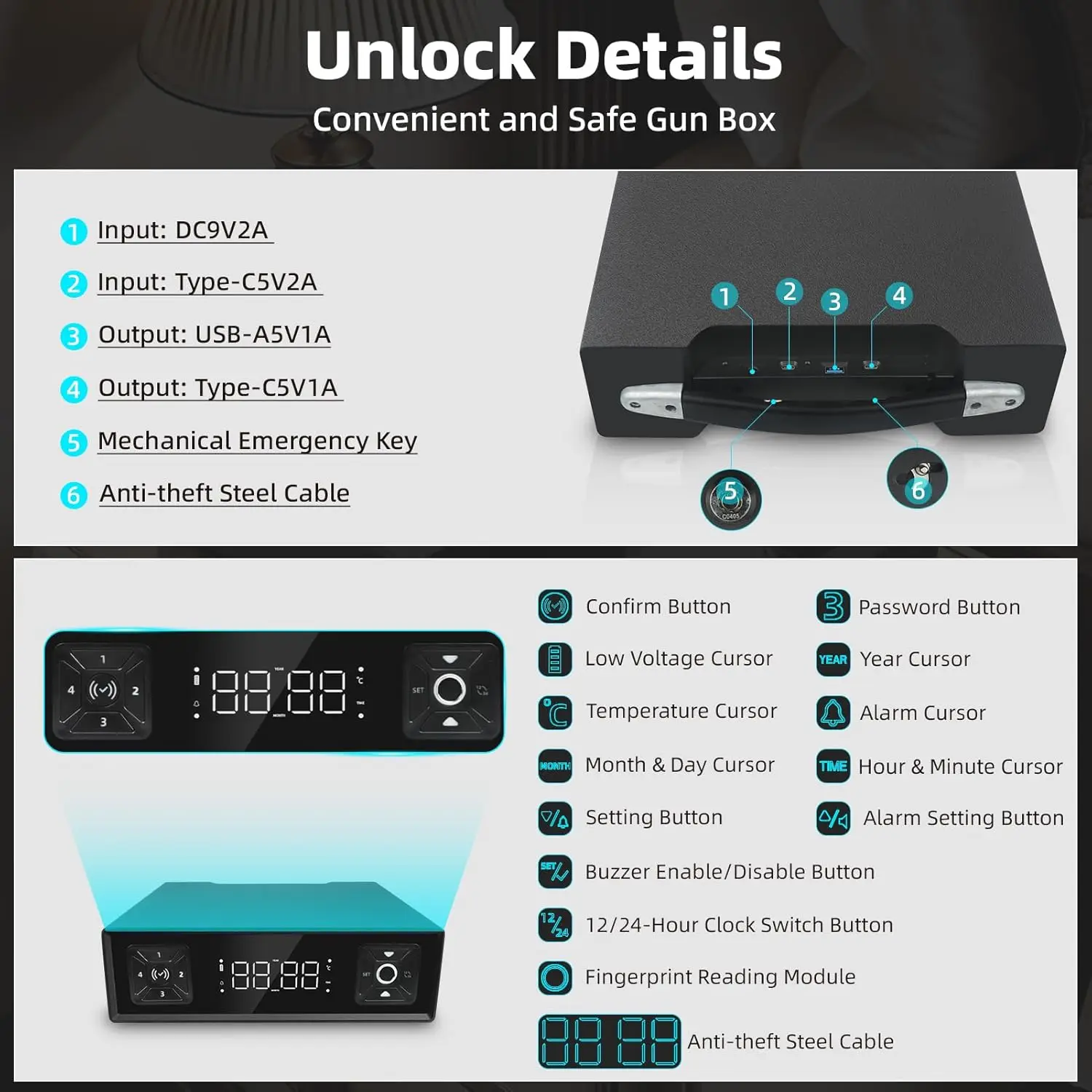 Biometric Gun Safe with LED Clock,Quick Entry Gun Safe Boxes that can be unlocked with Fingerprints,Passwords,APP,Cards,Drawer S