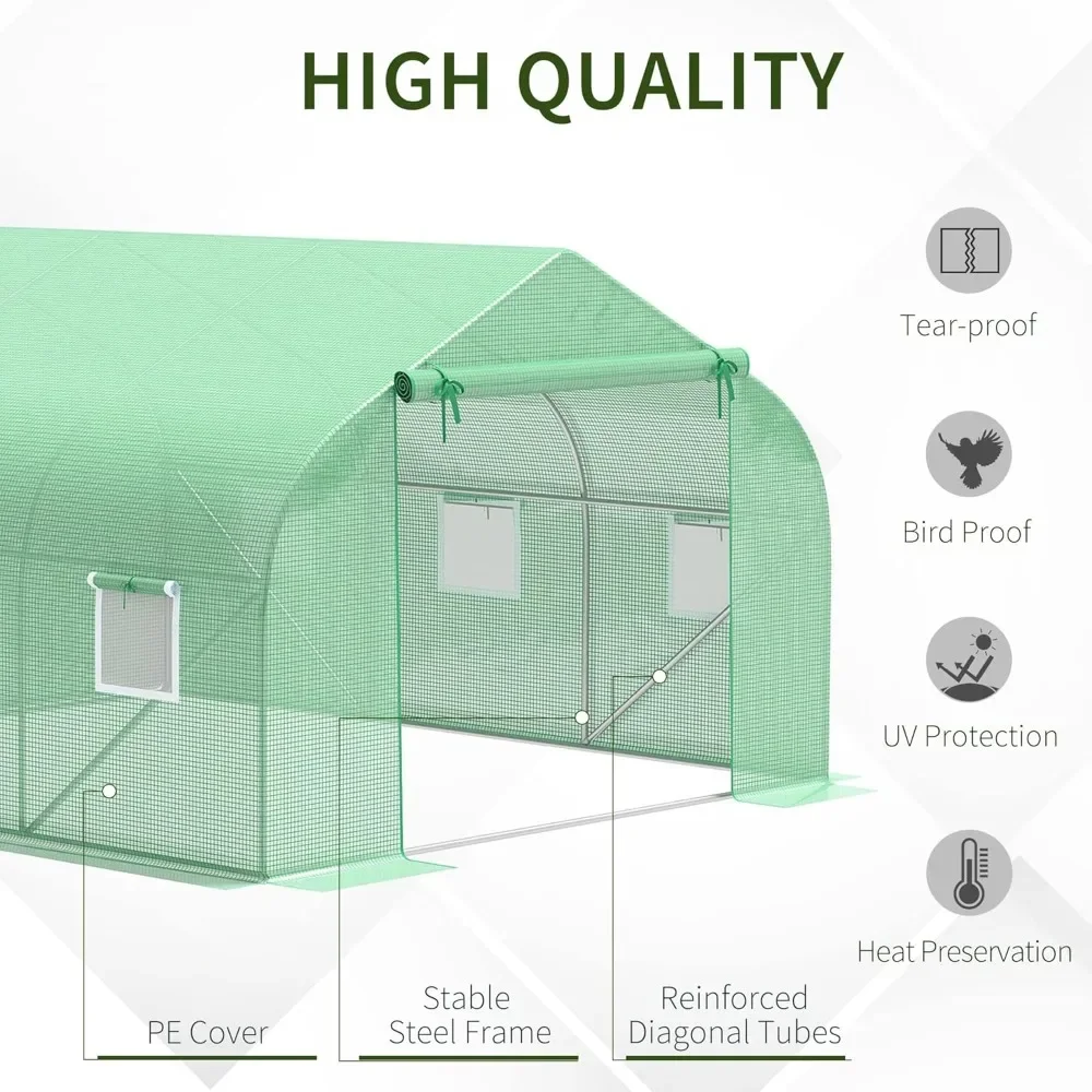 12' X 10' X 7' Outdoor Walk-in Greenhouse, Tunnel Green House with Roll-up Windows, Zippered Door, Heavy Duty Steel Frame