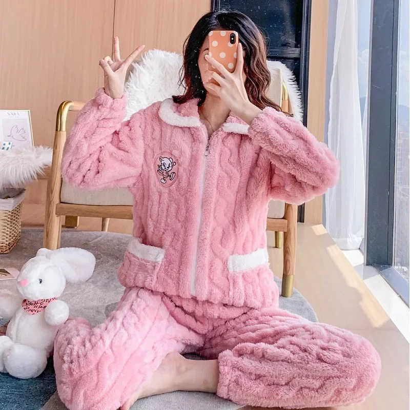 5XL Plus Size Winter Warm Velvet Sleepwear Women Pajamas Set Zipper Jacket Long Sleeve Pants Flannel Two-piece Suits Loungewear