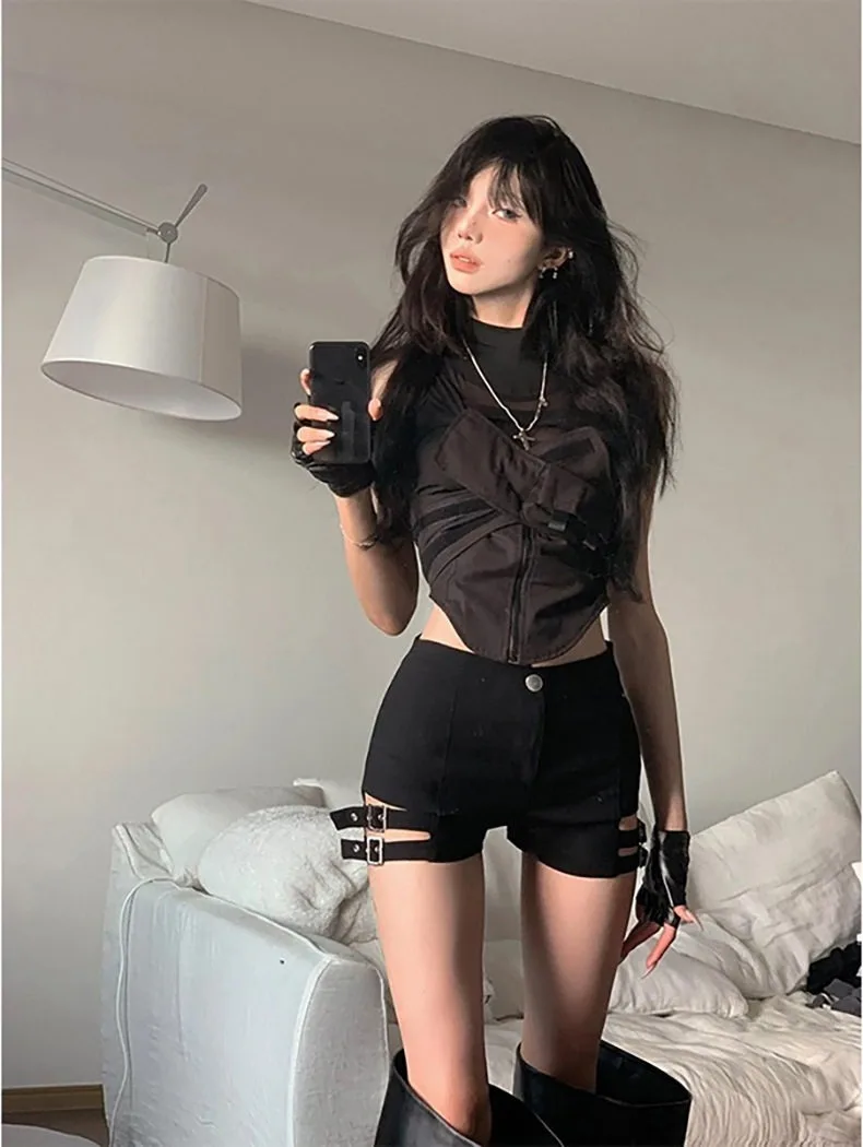 Damen High-Waist Stretch Bodycon Hot Shorts im Punk-Biker-Stil, Spicy Girl Bühnenoutfit, Pole Dance Jazz Dance Performance Short P – Detail 3