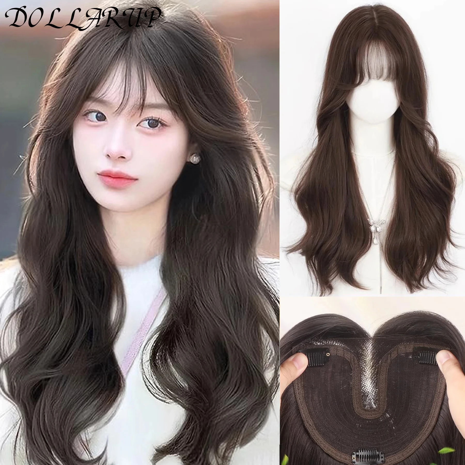 JKL Women's Hair Extensions Long Curly Wave Hair Extensions 3D Hair Extension Block Synthetic Bangs Clip-in Hair E