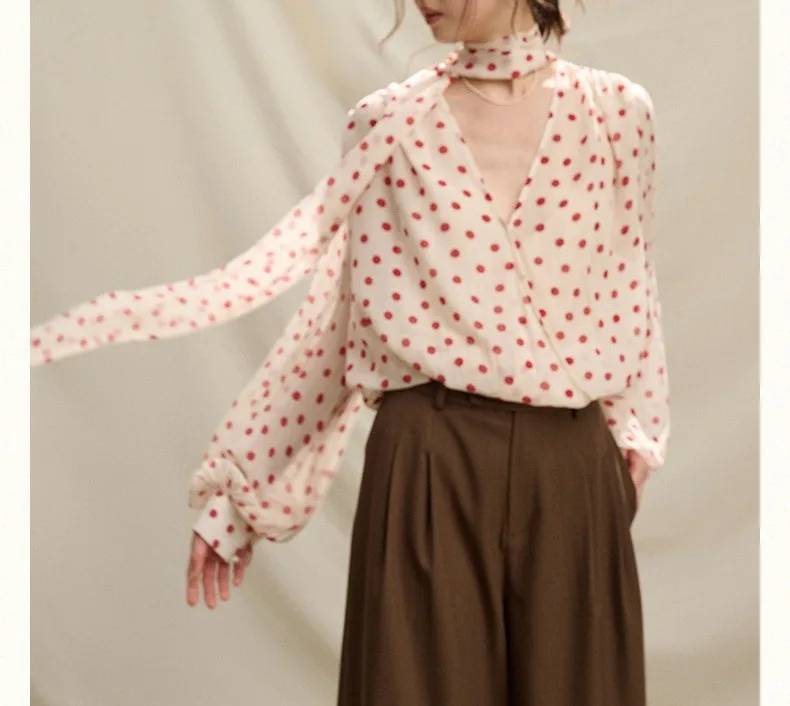 

Spring Fashion Long Sleeve Bow Lace-Up Blouse Women's Dots Printed Blouse Shirt Loose Shirt Lady Elegant High Street Blouses