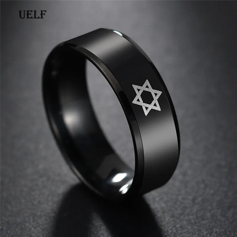 Image of Uelf Mode Schwarz Edelstahl Pentagramm David Stern Ring Männer Frauen Hochzeit Band Braut Metall Supernatur Punk Schmuck Geschenk