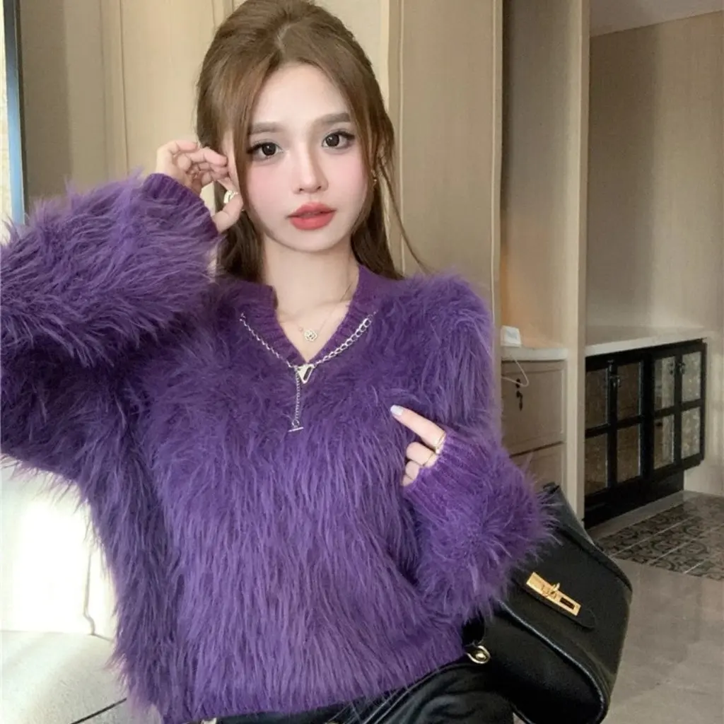 

Design Sense Women's Imitation Mink Long-Sleeved V-Neck Sweater Loose Lazy Style Pullover Top for Autumn And Winter Short