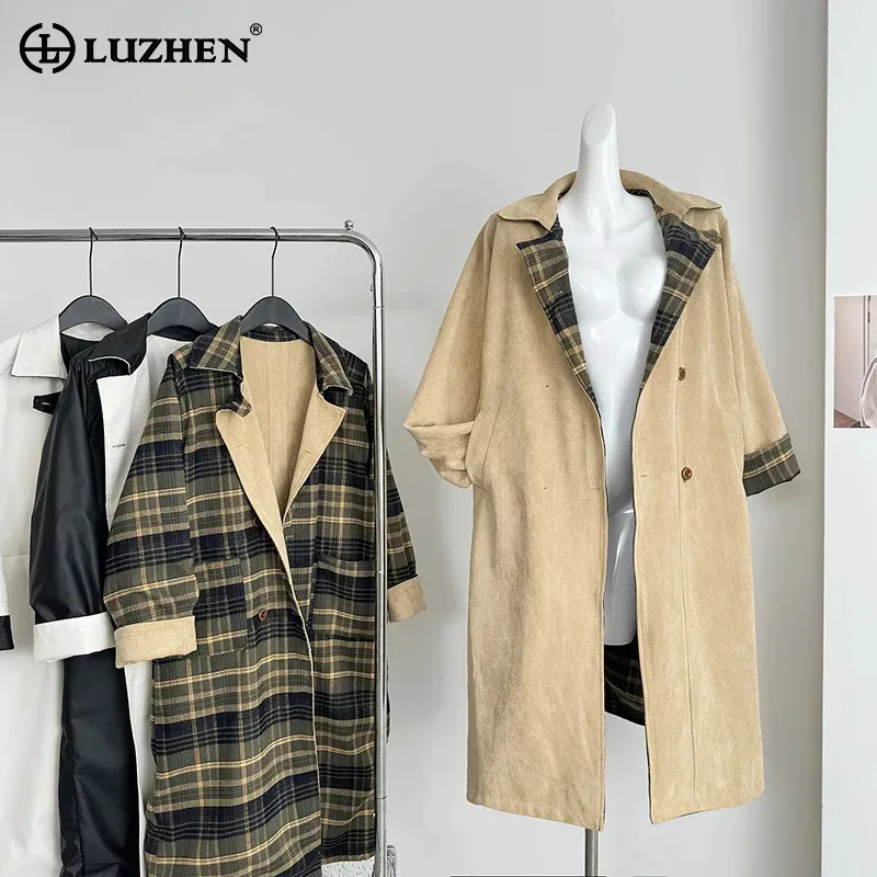 

LUZHEN Original Plain Checked Printed Niche Double-sided Design Long Windbreaker Women Autumn Fashion Loose Casual Trench AA1623