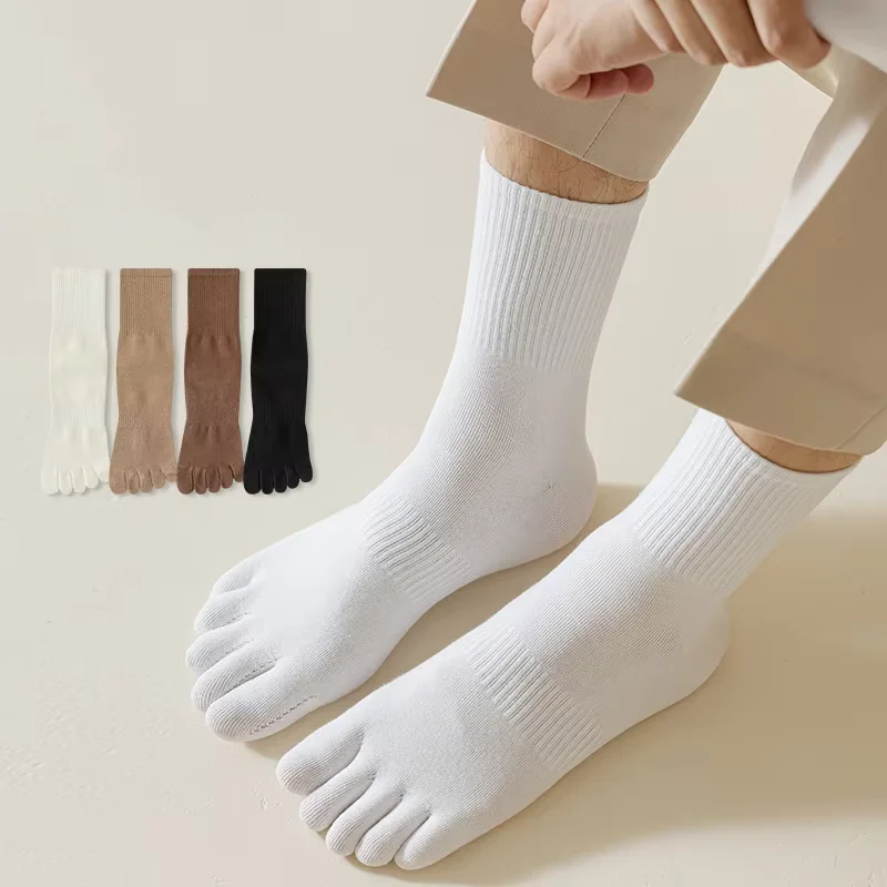

5 Pairs Men's Tube Five-Finger Socks 100% Cotton Solid Colour Absorbent Toe Sports Medium Socks Outdoor Cycling Socks
