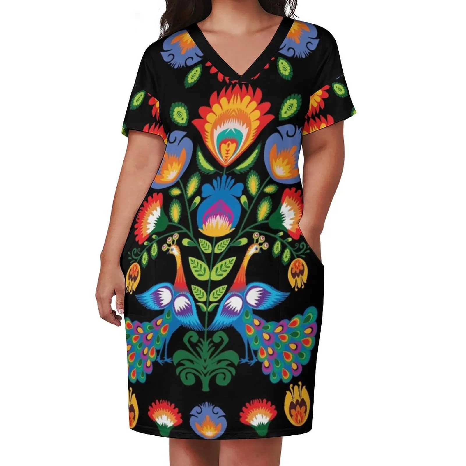 One more folklore composition with peacocks Loose Pocket Dress womens clothing Women