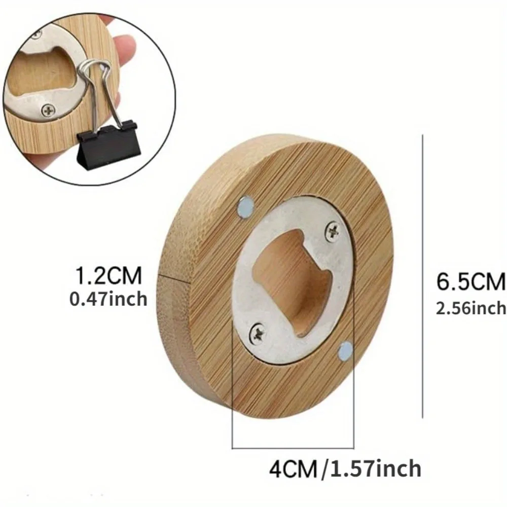 Tile Bamboo Wooden Bottle Opener, Creative Household Circular Magnetic Bottle Opener