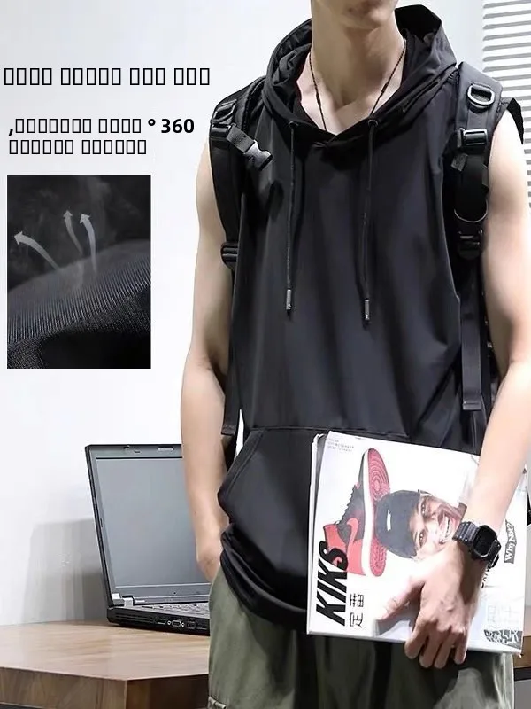 

Летний мужской топ из ледяного шелка с капюшоном, свободный повседневный крой, модный молодежный стиль, для баскетбола