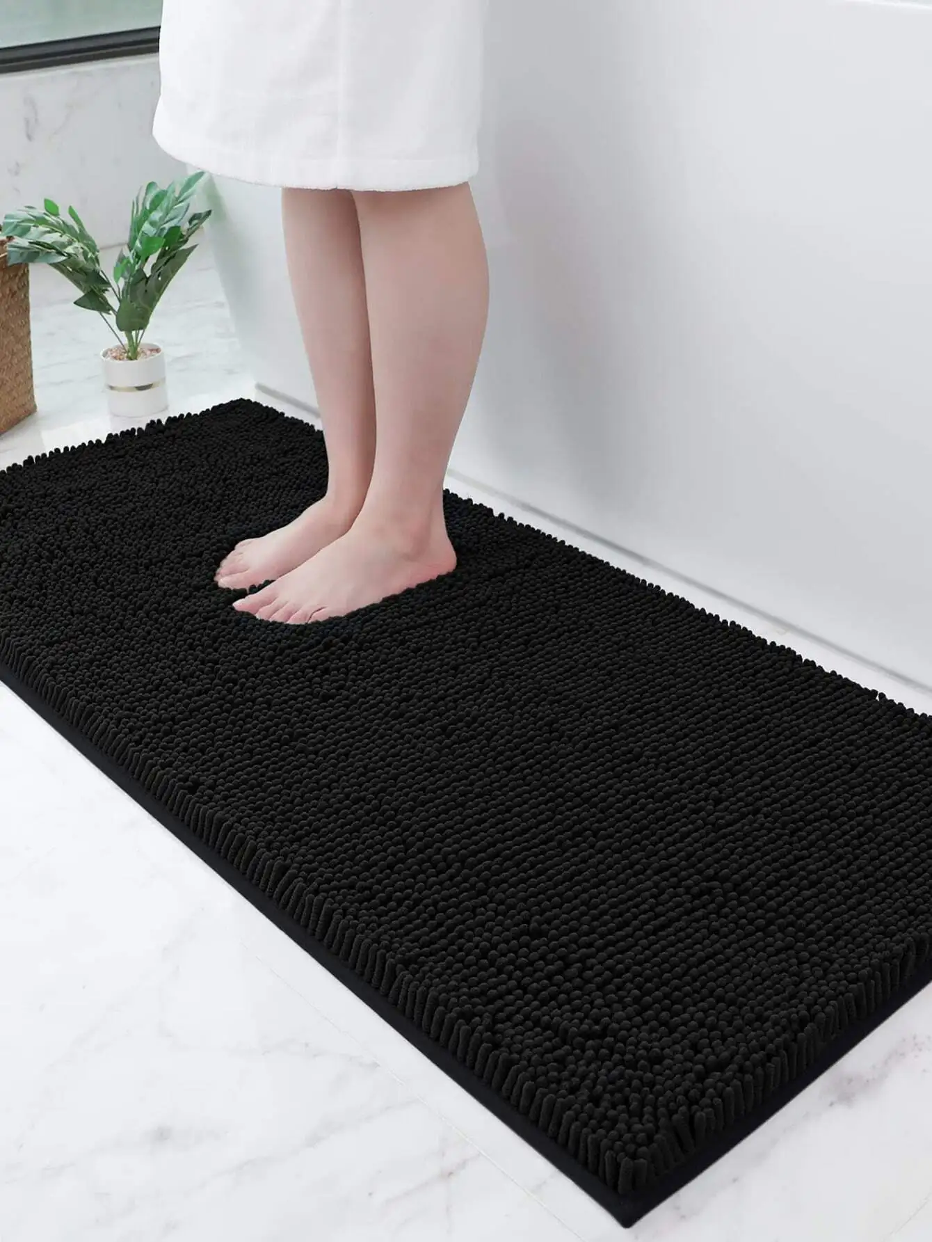 

Black Chenille Bath Mat with Non-Slip Backing for Bathroom or Entryway