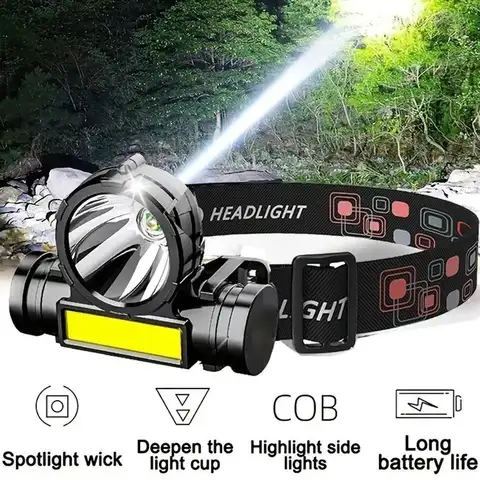 COB LED 헤드램프 조절 가능 헤드밴드, 방수 USB 충전식, 800MA 리튬 배터리 손전등, 강력한 헤드 램프