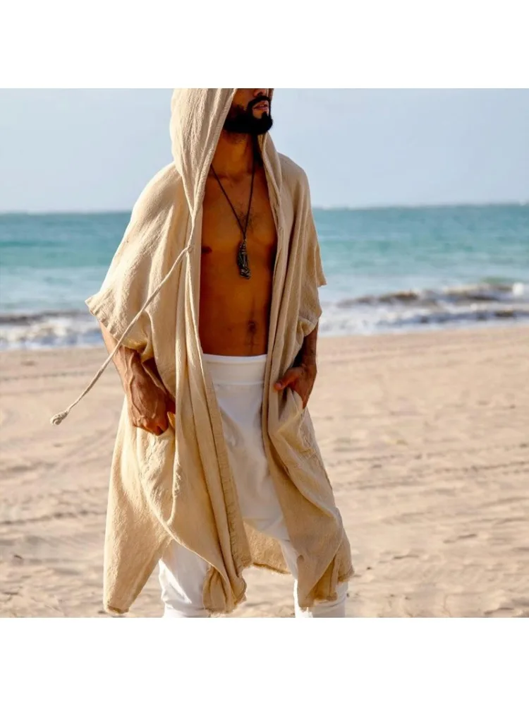 2026 Herren Sommer Mid-Length Cardigans Lockerer Freizeit-Sonnenschutz Strandurlaub-Stil Schal-Mantel Herren Langer Kapuzenumhang