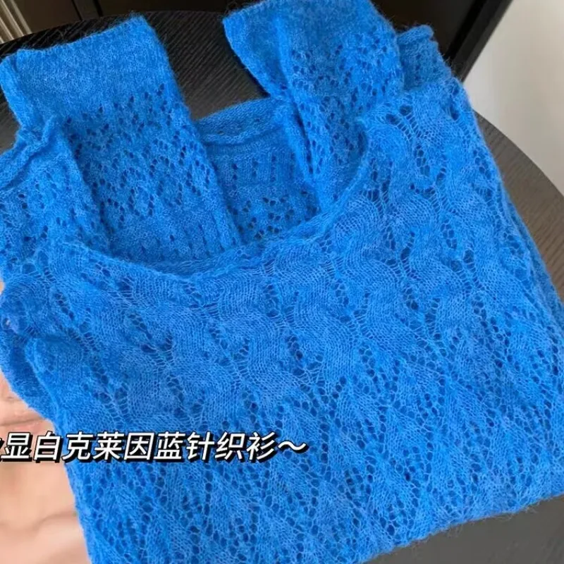 

Klein Blue Horse Sea Hair Свитер Футболка для женщин Весна и осень Новый стиль Ленивый мягкий клейкий полый вязаный свитер Топ