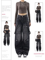 Women Vintage Black Gothic Cargo Jeans Y2k Wide Leg Denim Pants Oversize 2000s High Waist Jeans Korean Baggy Trousers 90s Jeans