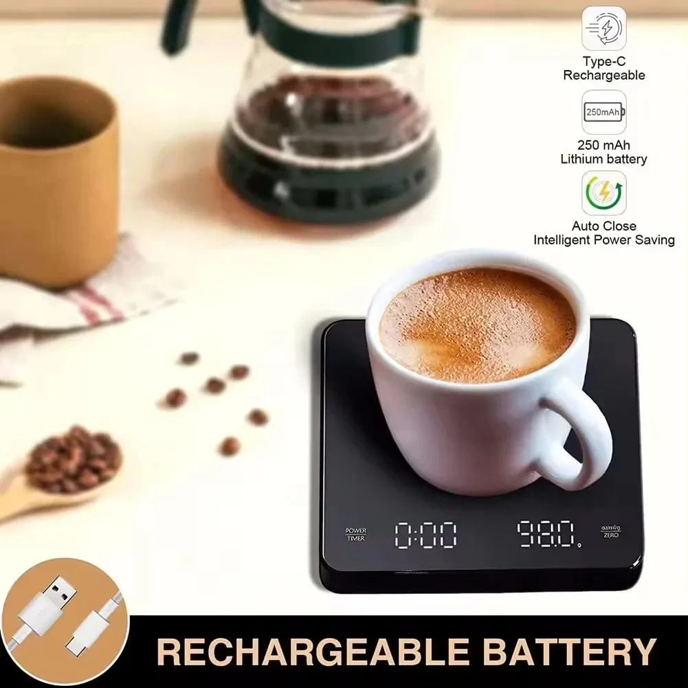 Rechargeable Coffee Scale - 0.1g Precision, 3kg Capacity, Timer, LED Display, USB Charging for Espresso & Kitchen Use