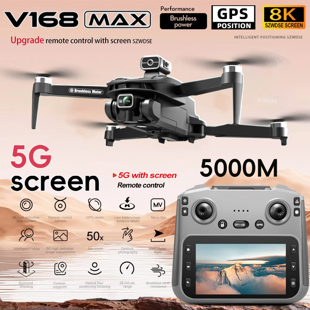 V168 MAX GPS Drone 8K Professional Dual HD Camera  Aerial Photography 5G FPV Brushless Drones Large Screen Foldable Quadcopter