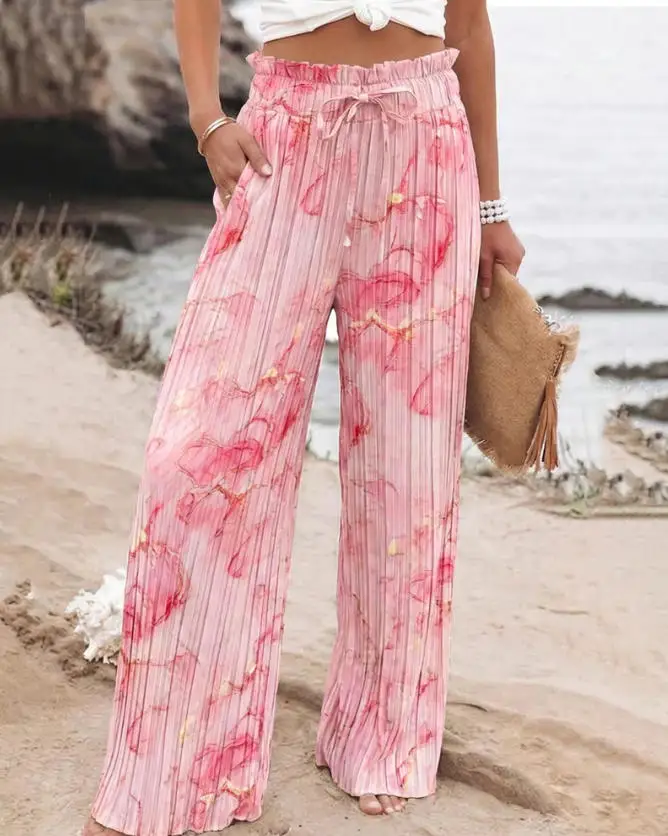 

Women's Fashion Tie Dye Print Pleated Wide Leg Pants 2026 New High Waisted Flowy Pants Drawstring Lounge Pants with Pockets
