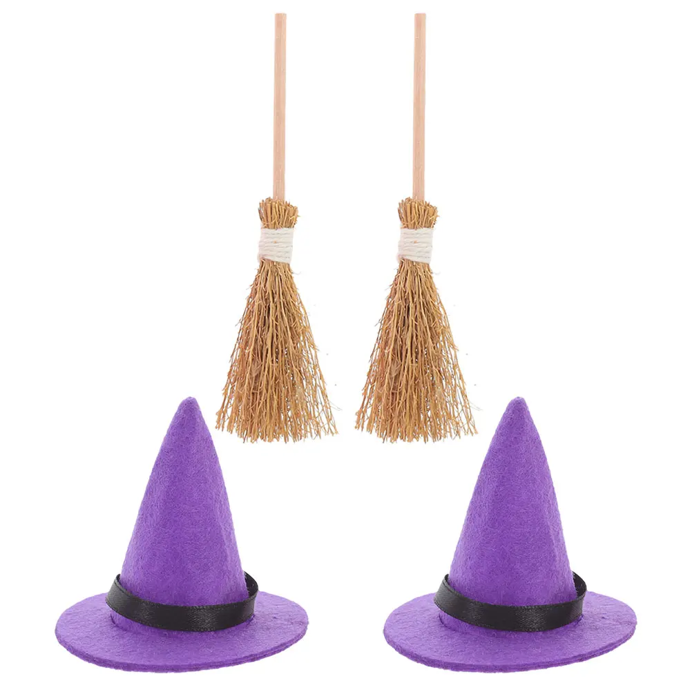

2Sets Hat Brooms Felt Wood Silvergrass Halloween Scene Accessories Miniature House Decoration Craft Supplies
