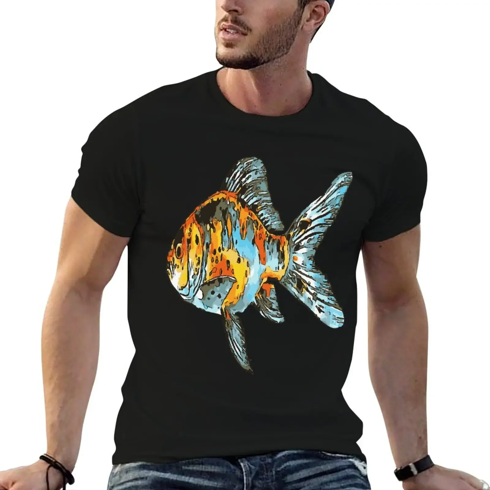 Camiseta aislada de pez dorado Shubunkin azul y naranja, ropa de San Valentín, camisetas gráficas lisas negras para hombres