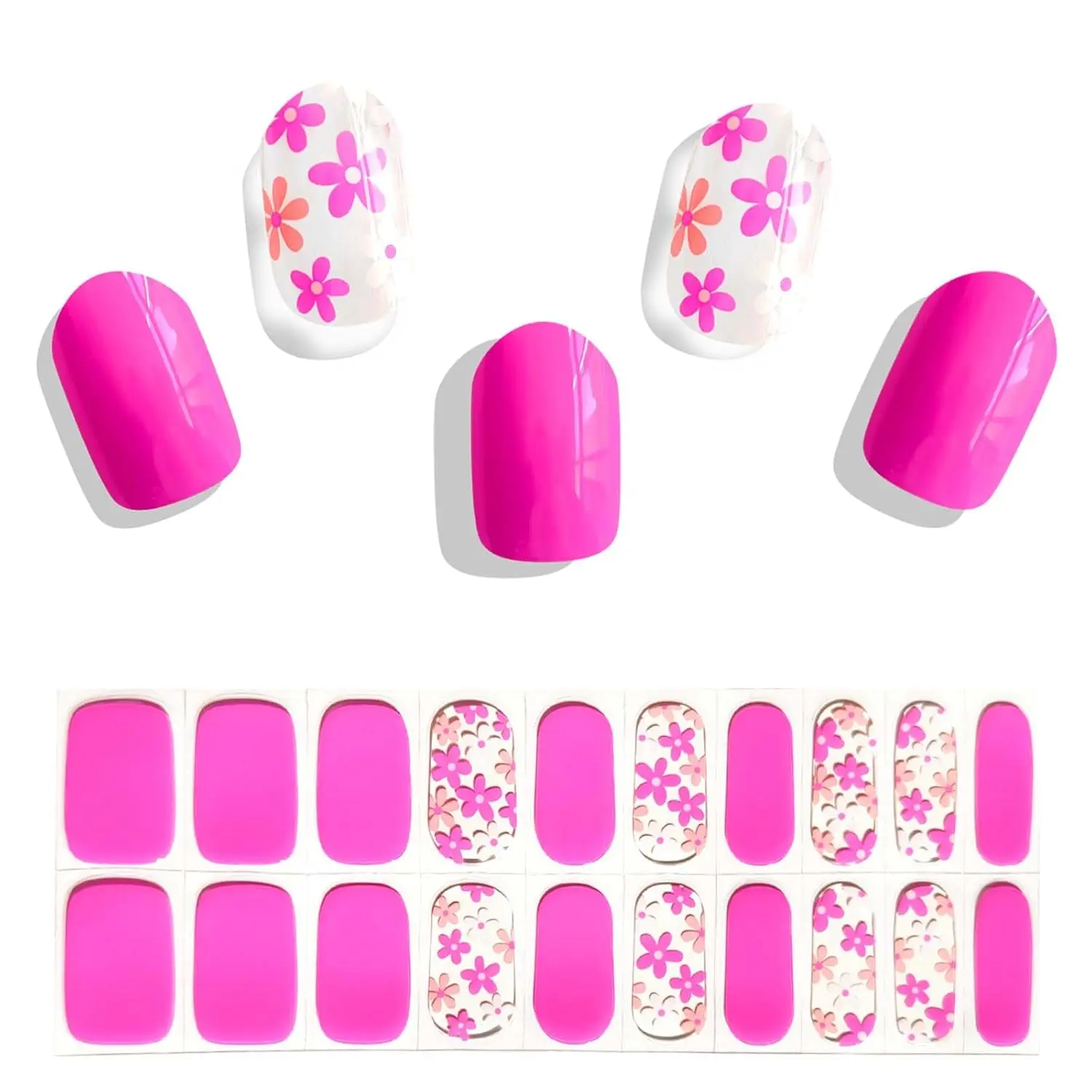ホットピンクフラワージェルネイルストリップキット、20枚入り、サロン品質の長持ちDIYマニキュア、結婚式やパーティーに（UVランプが必要）