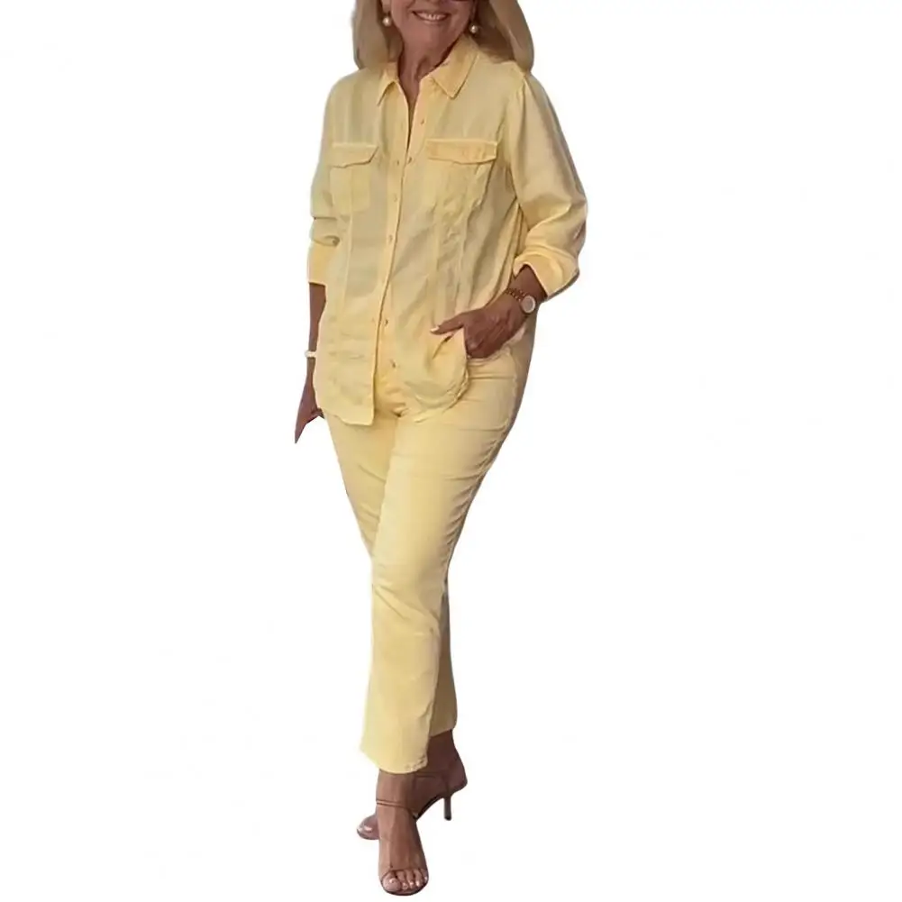 

Soft Polyester Loungewear Casual Women's Two Piece Set with Long Sleeve Lapel Shirt Pencil Pant for Spring Summer Fashion