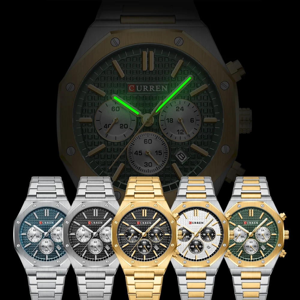 CURREN Watches for Mans Fashion Sports Waterproof Chronograph  Octagonal Design Quartz luminous Wristwatches with Auto Date