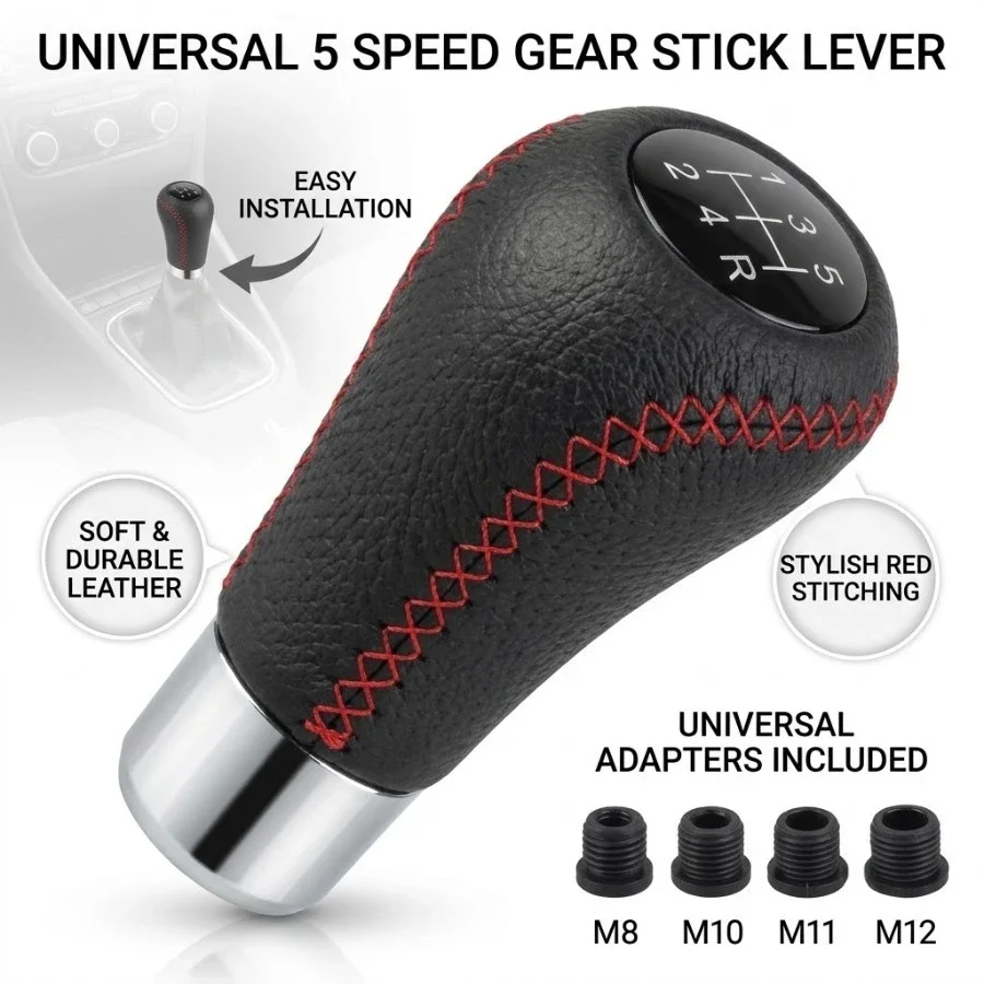 Universal 5 Speed Leather Shift Knob Red Stitch Gear Stick Lever For Manual M8 M10 M11 M12 Car Interior Replacement