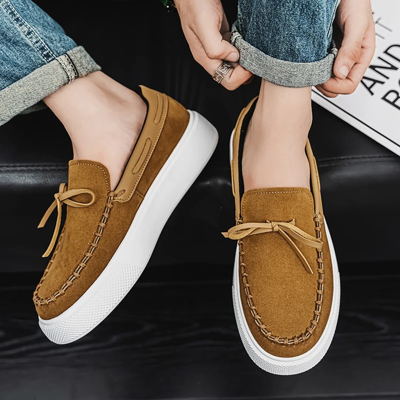 Fashion Trends Mens Loafers Shoes Suede Slip on Casual Dress Man\'s Shoes Wedding Office Gray Soled Leather Shoes High-end