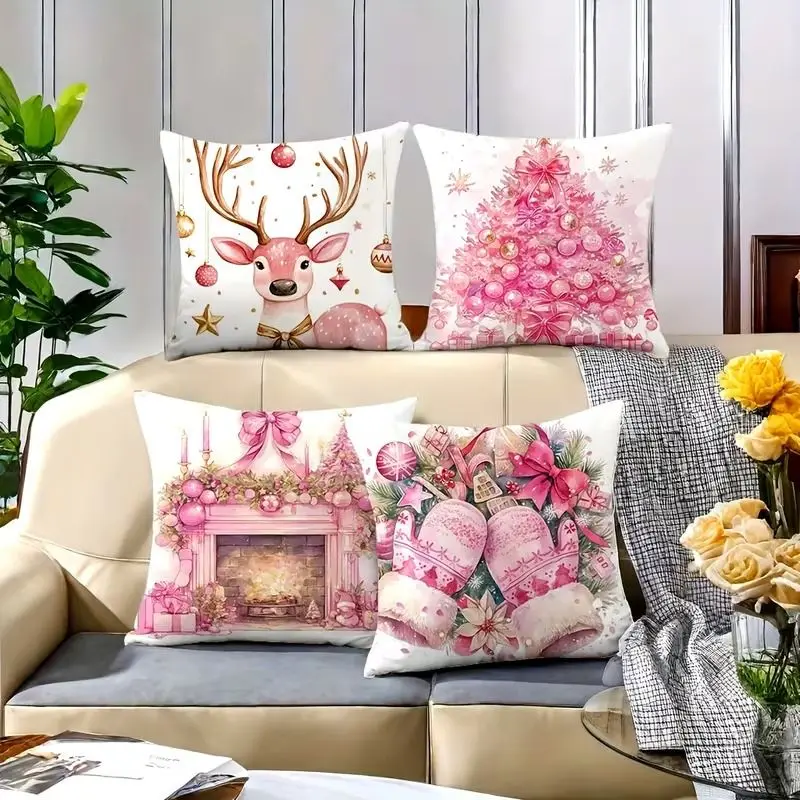 VIKAMA 4-Piece Christmas Pillow Cover Set, Snowman and Candy Cane Pillow Covers, Festive Sofa Decor, Pillow Inserts Not Included