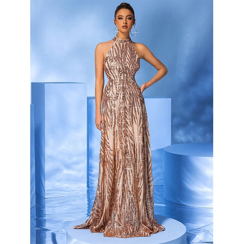 Summer Vestidos Women Sexy Halter Gold Sequined High Waist Elegant Cocktail Prom Evening Long Maxi Dresses Female Clothing