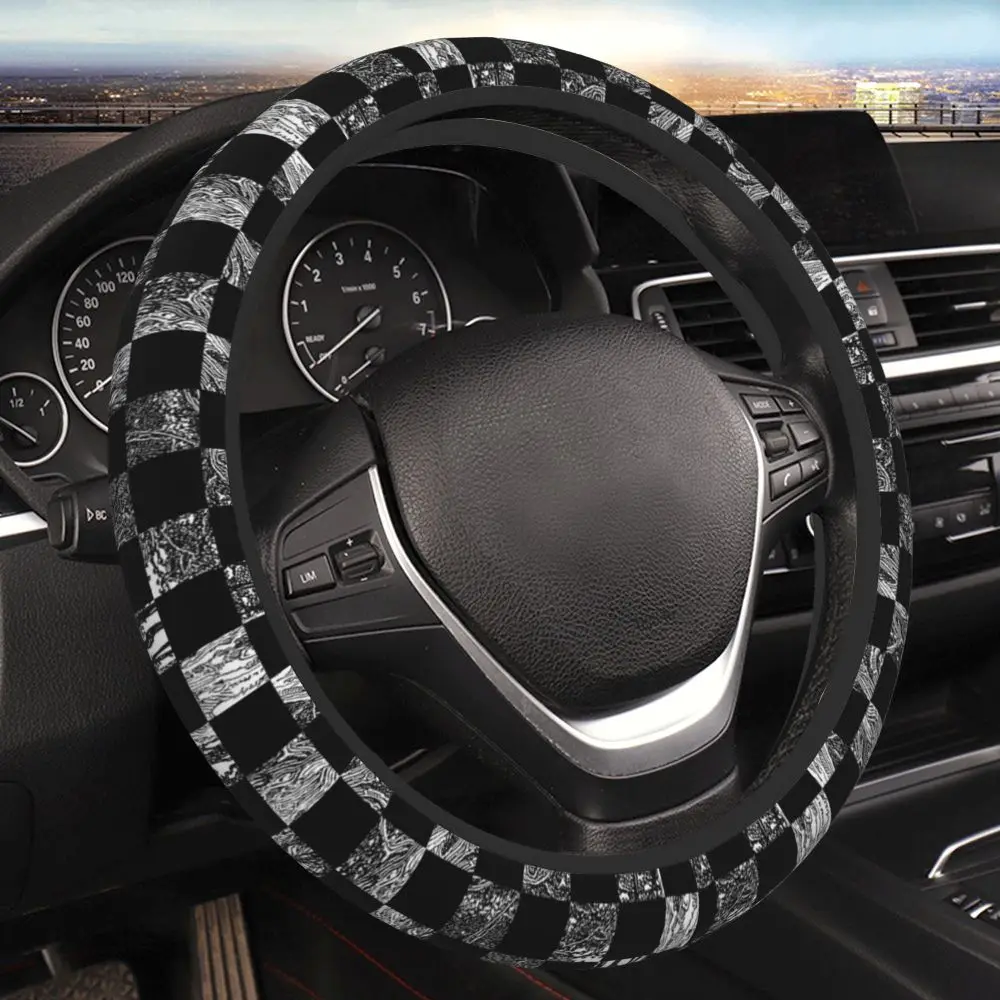 Black Copperplate Chessboard Style Car Steering Wheel Cover, 15 Inch Suitable for Men and Women's Car Protective Cover