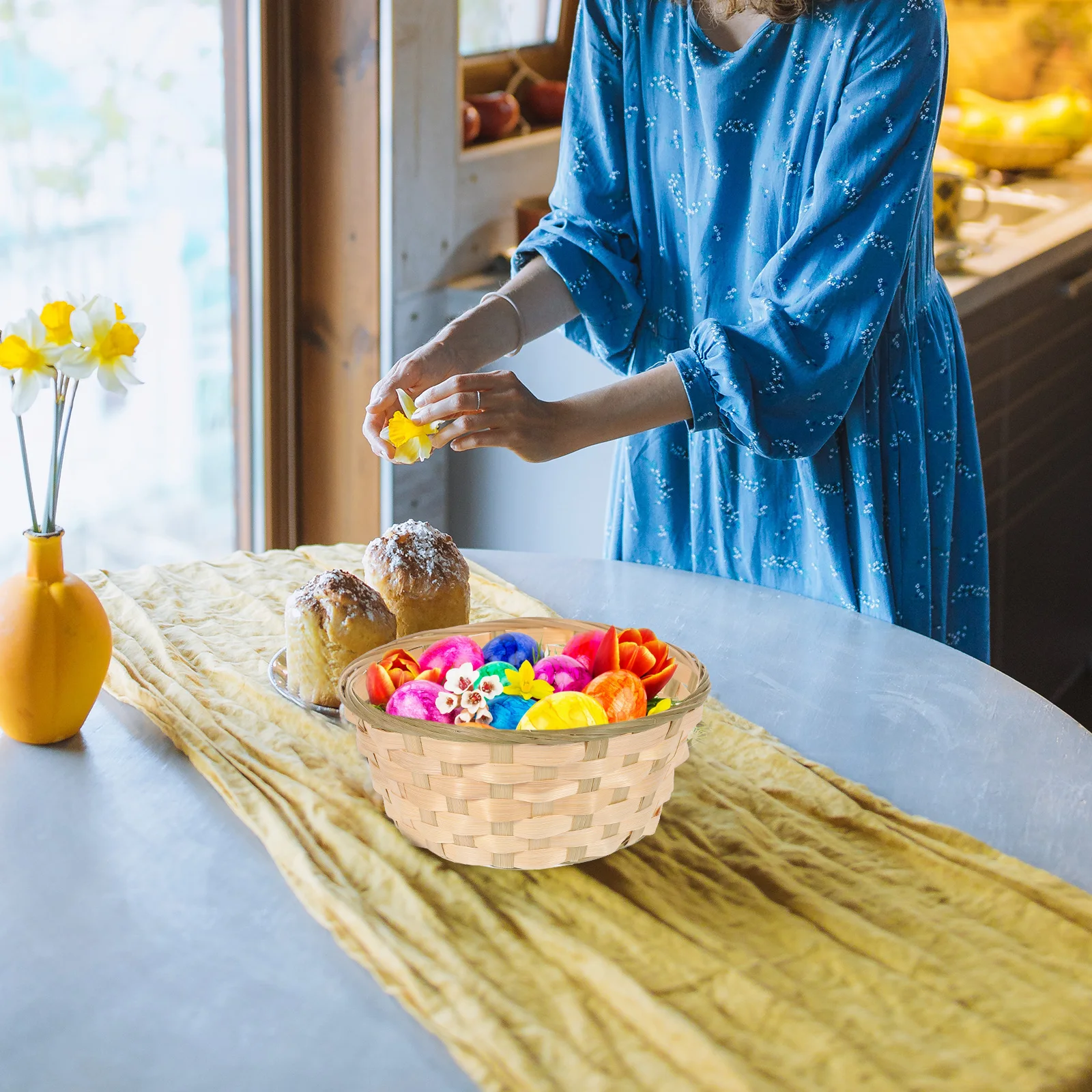 

2pcs Round Bamboo Baskets Color Handwoven Storage Basket Reusable Mini Pantry Easter Woven Egg Basket