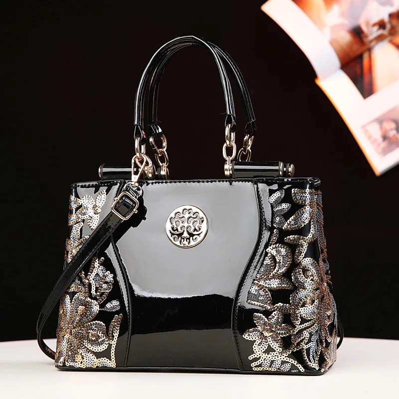 Fashion Handmade Flower Embroidery Women's Handbag Patent Leather Material Bright Leather Messenger Bag Large Capacity Women Bag