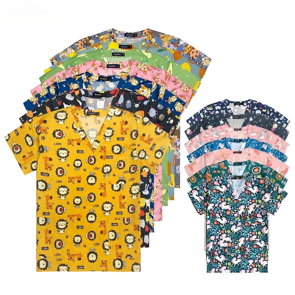 Hastane Hemşire Üniformaları Kadın Tıbbi Üniforma Baskı Fırçalama Üst Pamuk Diş Kliniği Iş Elbiseleri Erkek Scrubs Kısa Kollu Ceket