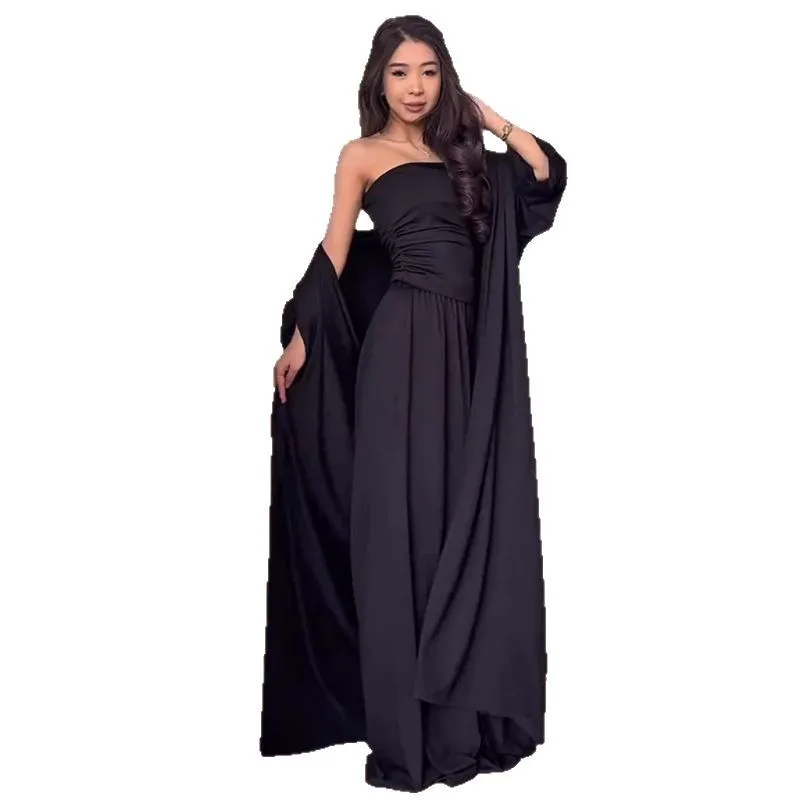 

New Women's Solid Color Long Sleeve Outerwear & Strapless Top Maxi Skirt Set