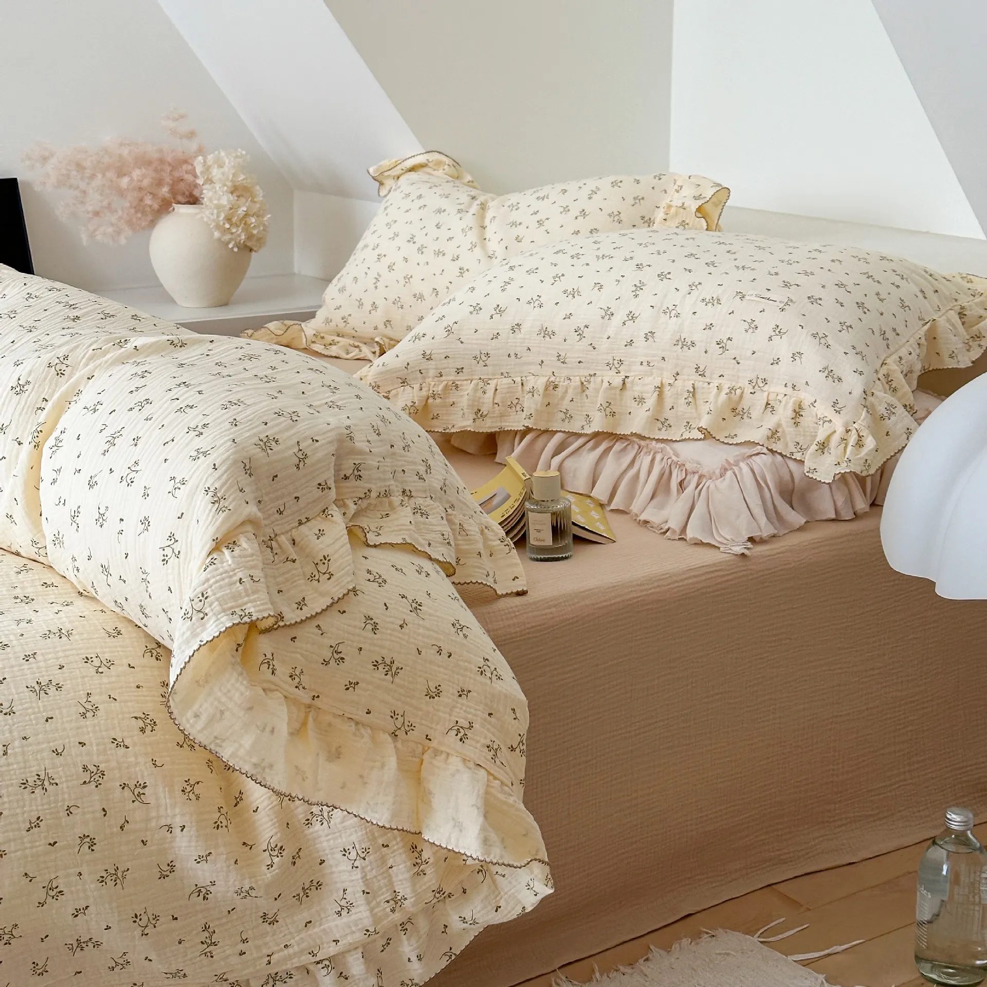 INS Princess Ruffle Edge Gauze 100% Cotton Pillow Case Breathable Duvet Cover Without Filler 3PCS Floral Home Bedding Set image 3