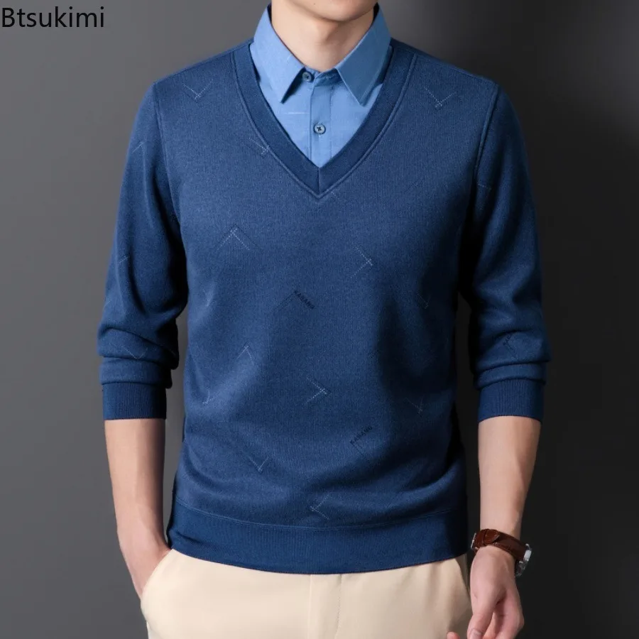 Shirt Collar Fake Two-piece Tops Men's Autumn and Winter New Long-sleeved Shirt Fleece-lined and Thickened Warm Pullover Sweater