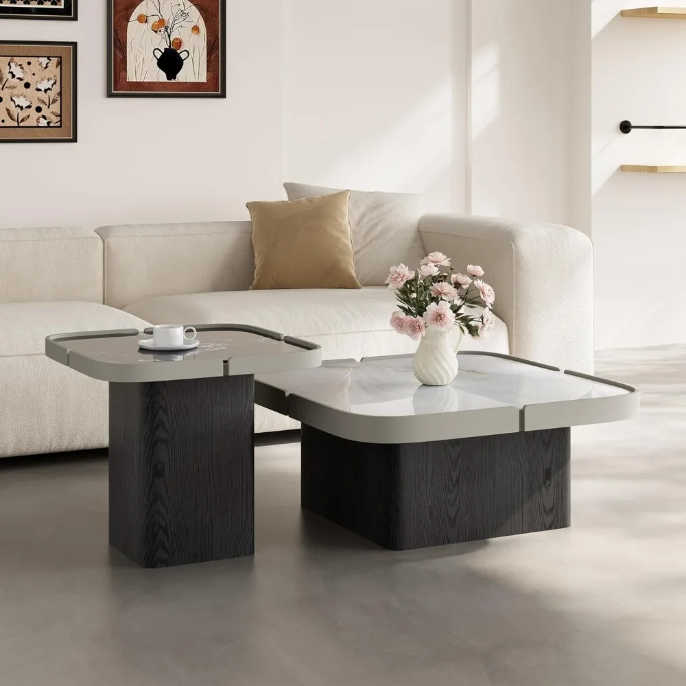 

Nesting Coffee Tables Set of 2 32.3" Square Glossy Sintered Stone Top Coffee Table & 21.7" Side Table Modern Living Room Center