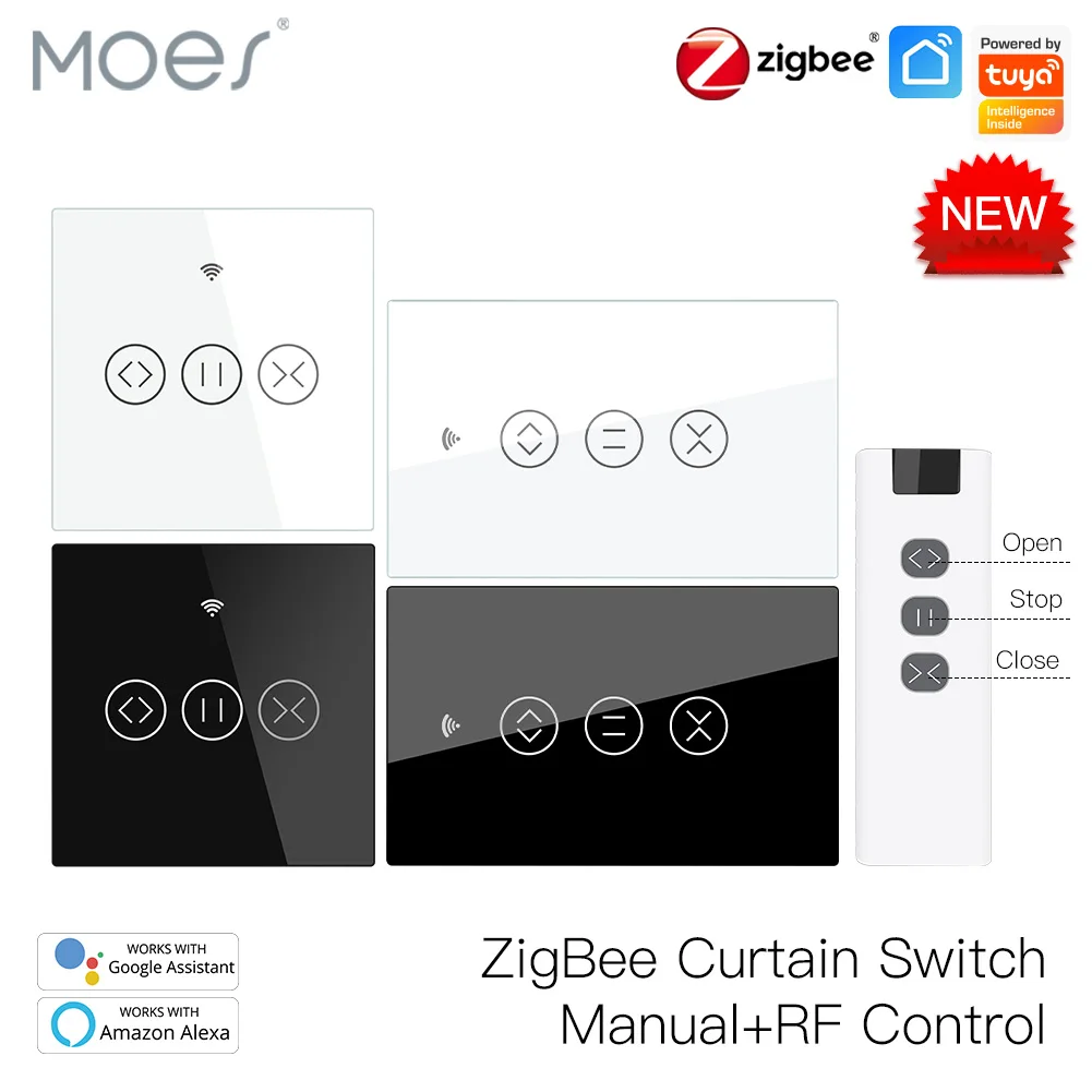 MOES ZigBee RF 스마트 터치 커튼 스위치, 롤러 블라인드 셔터, 투야 스마트 앱 무선 제어, 알렉사 구글 홈과 작동 