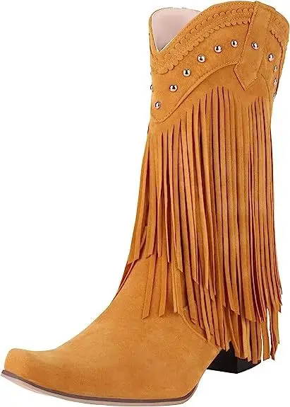 Retro Women Tassel Cowgirl Boots Shoes 2024 New Fringe Middle Heels Western Boots Fashion Slip-on Wedge Pointed Toe Boots Female