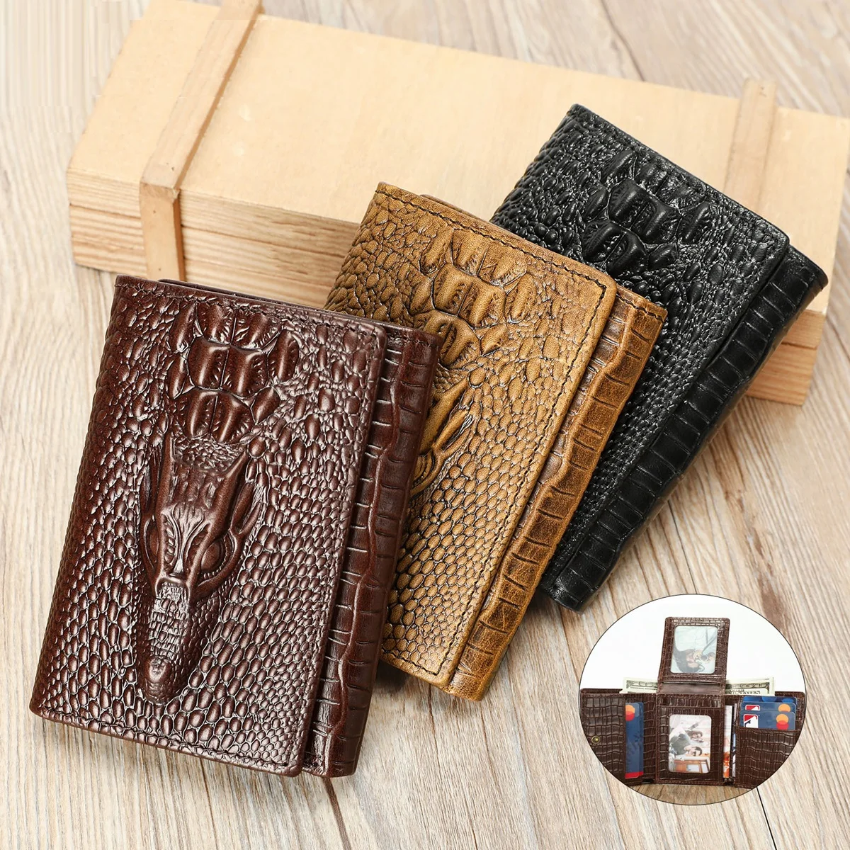 กระเป๋าสตางค์แฟชั่น MVA แบบพับสั้น กระเป๋าคลัทช์ใส่บัตร หนังลายจระเข้ ช่องใส่บัตรหลายช่อง กระเป๋าเงินสไตล์วินเทจ
