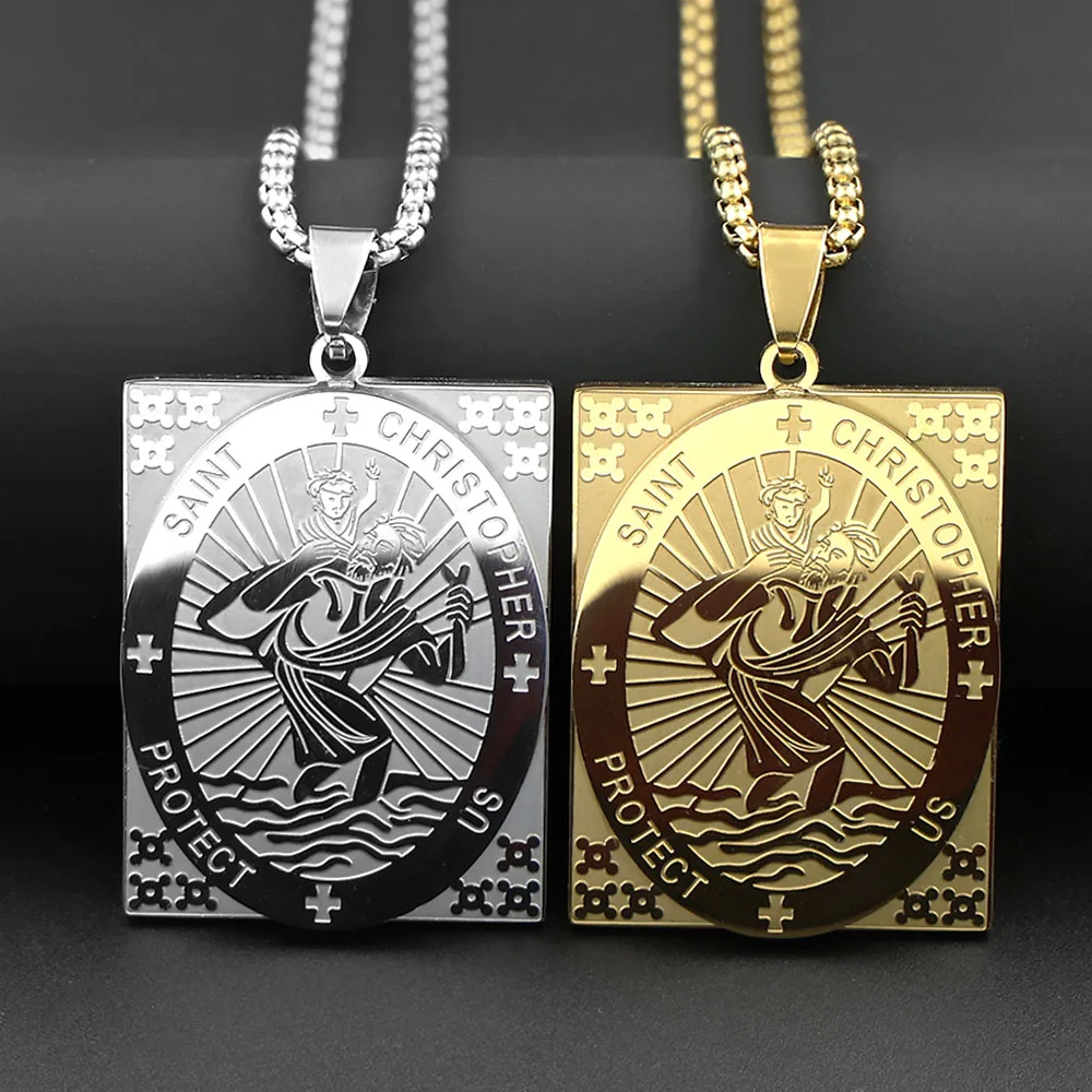 Catholic Saint Christopher Protect Us Medal Pendant Necklace for Women Men Stainless Steel Gold Color Amulet Chain Jewelry Gift