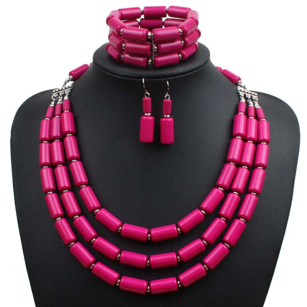 Fashion Colorful Beaded Necklace Earrings Bracelet Statement Chunky Bamboo Knot Beaded Necklace Jewelry Set For Women