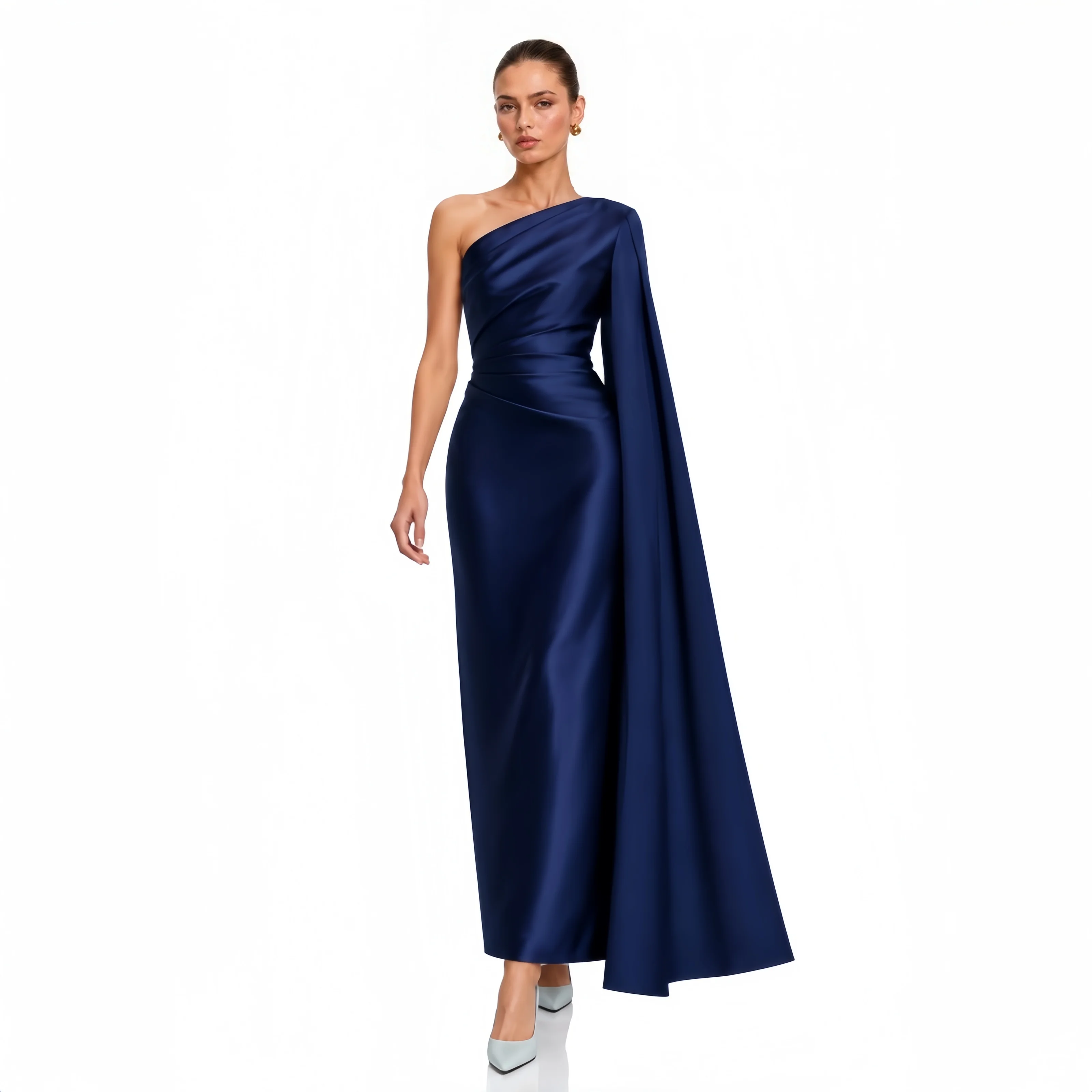 Women Elegant Satin One Shoulder Evening Gown, Flowy Cape Sleeve Draped Ruched Slim Maxi Dress for Wedding Guest Brazil Gala