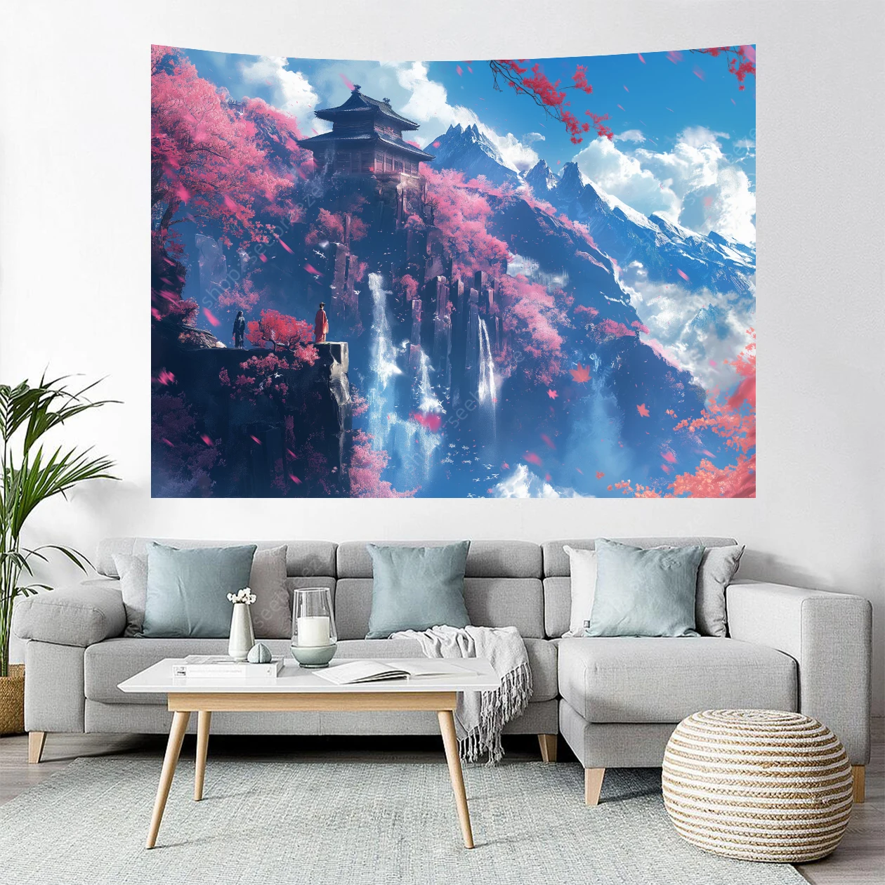 Japanese Mountain Tapestry Cherry Blossom Sakura Trees Tapestries Tsuruga Castle Temple Mount Japan Landmark Wall Art Home Decor